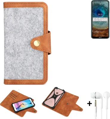 Produktbild von K-S-Trade Handyhülle + Kopfhörer kompatibel mit Nokia X10 Schutzhülle Filz Hülle Kunstleder hellgrau braun (1x)
