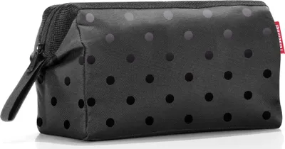 A black polka dot toiletry bag on a white background.