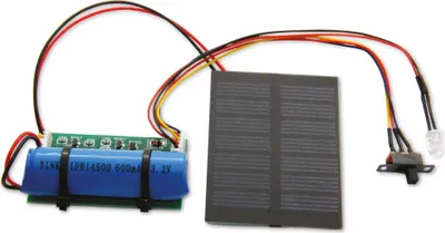 A solar-powered lighting unit with a battery, solar panel, and LED light.