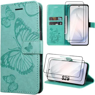 Image de Coque + 2 Verres Trempés pour Samsung Galaxy S26, Protection Flip Case Antichoc Simili Cuir Motif Papillon - Vert
