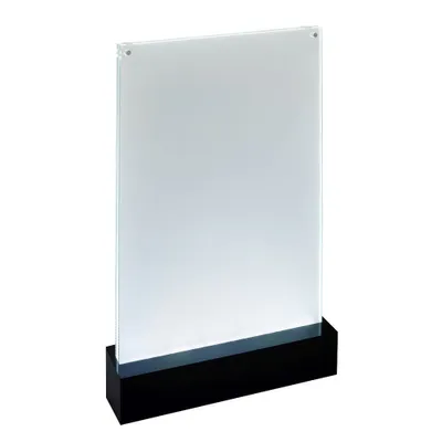 A clear acrylic sign holder with a black base, presented on a white background.