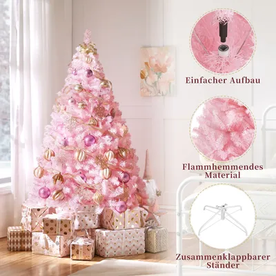 A pink artificial Christmas tree decorated with ornaments and garlands, surrounded by wrapped gifts, with informational callouts on the right side.