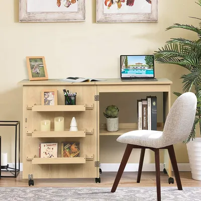 Immagine prodotto di COSTWAY 2 in 1 mobile e scrivania da cucito, tavolo da cucito pieghevole, tavolo per macchina da cucire su ruote, mobile per macchina da cucire, tavolo multiuso, tavolo da lavoro per soggiorno, camera da letto e ufficio, 59x40x79,5 cm (beige)