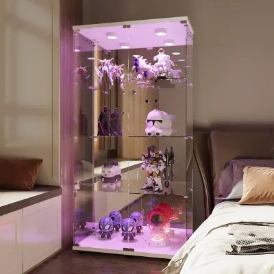 Produktbild von Glasvitrine mit Beleuchtung, Glasvitrine in Weiß，Vitrinenschrank Weiß，Sammlervitrine mit 4-stufigen Einlegeböden，Glasständer, Aluminium, gehärtetes Glas, 80,49 x 36,49 x 163,9 cm