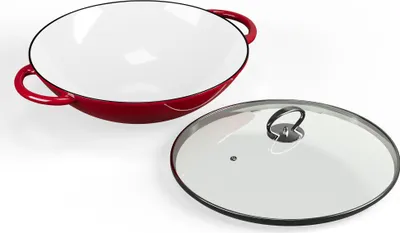 Produktbild von ToCi Wok-Pfanne aus Gusseisen, Emaillierte Pfanne & Wok, Große & Tiefe Beschichtete Pfanne, Wokpfanne mit Deckel & Griffen, Antihaft- für Induktion, Glaskeramik, Backofen, Gas- & Elektroherd