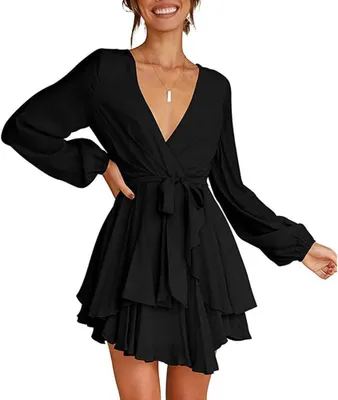 Produktbild von Schwarzes Damenkleid mit langen Ärmeln, V-Ausschnitt, Rüschensaum und Gürtel in der Taille