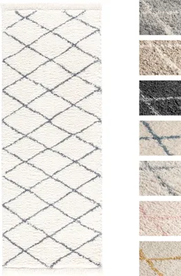 Produktbild von Hochflor Teppich Laufer 80 x 200 Weiss Grau Diamantmuster , Super Soft Moderner Shaggy Teppich