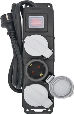 A black power strip with three outlets and a power cord, shown against a white background.