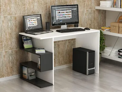 Produktbild von HOMIDEA WARREN Schreibtisch Computertisch mit Regal Moderner Arbeitstisch für Home Office und Büro (Weiß/Schwarz)