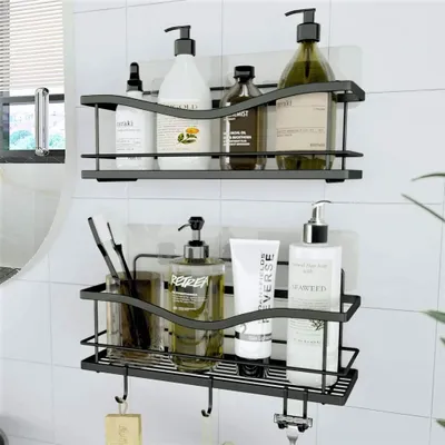 Produktbild von KINCMAX Premium Duschablage ohne Bohren aus Edelstahl - 2er Set - Selbstklebendes Duschregal mit 4 Haken - Duschkorb Badregal - Bad Regal - Shower Shelf Rostfrei - Schwarz Matt