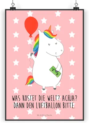 Produktbild von Mr. & Mrs. Panda Bild Einhorn Luftballon DIN A4 - Rot Pastell - Geschenk, Kunstdruck, Geld, Unicorn, Einhörner, Plakat, Wandbild, Freude, wanddeko, drucke, Freundin