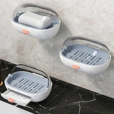 Immagine prodotto di Portasapone con coperchio per bagno e doccia - Montaggio a parete con scarico - Adesivo incluso.