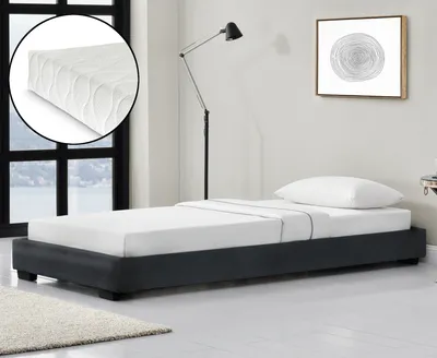 Obrázek produktu pro Postel z umělé kůže Čalouněná postel s matrací ze studené pěny a lamelovým roštem 90x200 cm Jednolůžko z umělé kůže s matrací ÖKO-TEX Standard 100 Postel pro mládež v imitaci kůže v černé barvě Corium