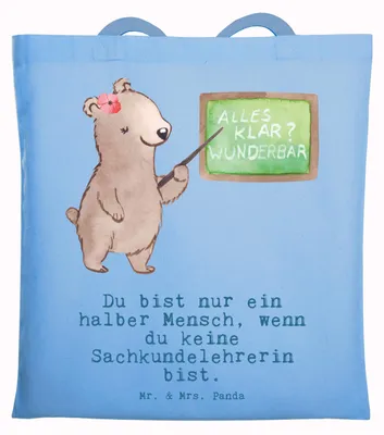 Produktbild von Mr. & Mrs. Panda Schultasche Sachkundelehrerin Herz - Sky Blue - Geschenk, Jutebeutel, Tasche, Spruch, Laptoptasche, Witzig, Grundschule, Lustig, Tote Bag, Beutel