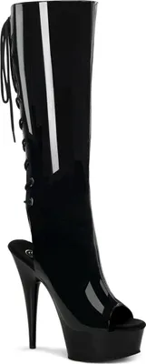 A black platform boot with a peep toe and lace-up back.