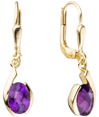 Produktbild von Paar Ohrringe Ohrhänger mit Amethyst violett lila oval 333 Gold Gelbgold Damen
