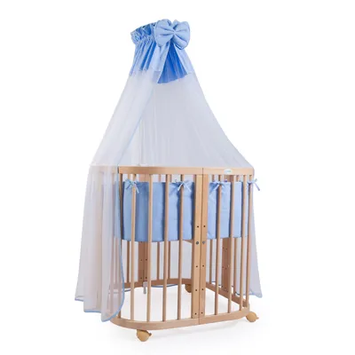 Produktbild von Mobiles Babybett aus Holz 7in1 mit Matratze, mitwachsend,Stoffe blau,Holz natur