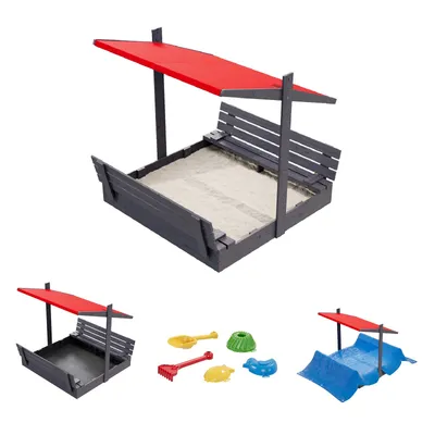 Produktbild von QLS Holz-Sandkasten 150 cm mit Sitzbank und rotem Dach Abdeckung imprägniert 11293