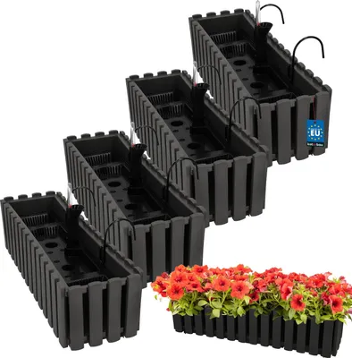 Produktbild von KOTARBAU® 4er Set Blumenkasten Balkon Blumentopf Selbstbewässernd 58x18x16cm - Grau Kunststoff Blumentopf Balkongeländer Bewässerungssystem Blumenkastenhalterung Pflanzkübel Groß Außen