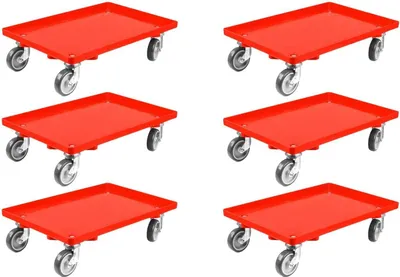 Produktbild von SparSet 6x Transportroller für Euroboxen 60x40cm mit Gummiräder rot | Geschlossenes Deck | 2 Lenkrollen & 2 Bremsrollen | Traglast 300kg | Kistenroller Logistikroller Rollwagen Profi-Fahrgestell