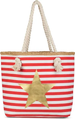 Produktbild von styleBREAKER Gestreifte Strandtasche mit Metallic Stern Print | Damen Shopper mit Kordelhenkeln und Reißverschluss | Badetasche im maritimen Look | 45 x 33 x 15 cm