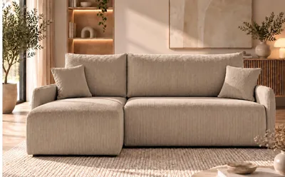 Produktbild von Ecksofa FLUFFY L-Form, Universal, Modernes Bettsofa mit Schlaffunktion und Bettkasten, Schlafsofa, Couch beidseitig montierbar, BEIGE - POSO 100