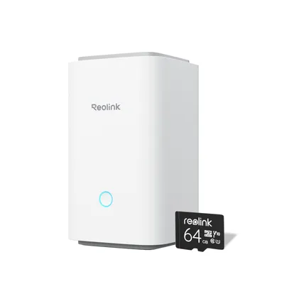 A white Reolink Home Hub device and a black Reolink 64GB SD card are displayed against a white background.