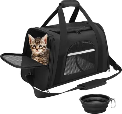 Produktbild von Transporttasche für Katzen und Hunde, atmungsaktive Katzentransportbox für komfortables Reisen, atmungsaktive und faltbare Hundetransporttasche mit herausnehmbarer Plüschmatratze und Napf (Schwarz)