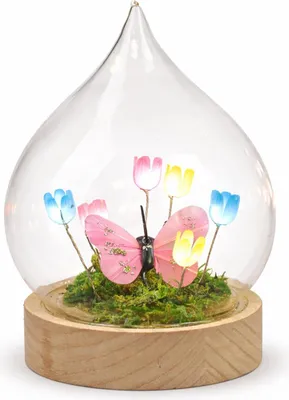 Produktbild von formano LED Deko Tropfen Blumen Schmetterling mit Holzsockel und Timer 14 cm