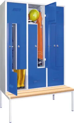 Produktbild von Z-Kleiderschrank m. Sitzbankuntergestell - Buchenleisten - 2.150x1.200x800 mm (HxBxT) - 6 Fächer - Zylinderschloss - enzianblau/himmelblau