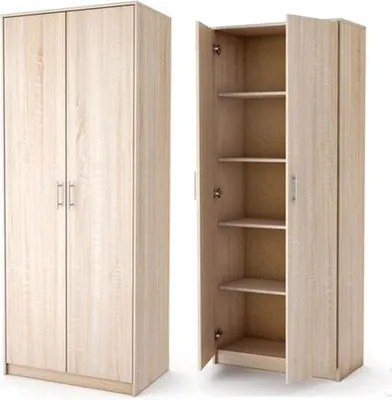 A two-part image showing a closed wardrobe on the left and an open wardrobe with shelves on the right.