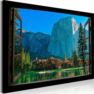 Produktbild von Modernes Wandbild Fensterblick 120x80 - 1 Teile Bilder Fotografie auf Vlies Leinwand Foto Bild Dekoration Wand Bilder Kunstdruck Gebirge Wald Landschaft c-C-0372-b-a