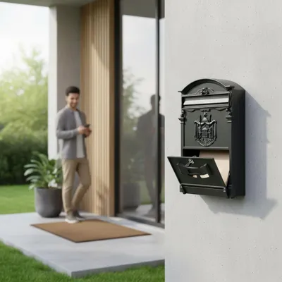 A man is standing on a porch next to a mailbox.