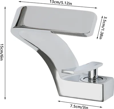 A silver-colored faucet with dimensions indicated by measurement lines and text.