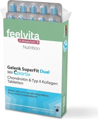 Produktbild von Genius Feelvita Nutrition Gelenk SuperFit Dual hochdosiert für normale Knochen Knorpel und Bindegewebe sowie der normalen Kollagenbildung 30 Tabletten