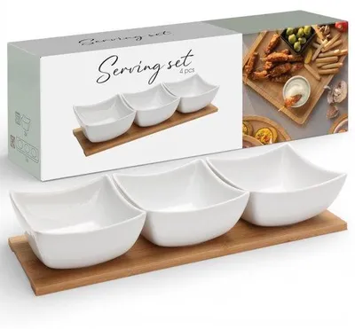 Productafbeelding van Serveerset 4-delig in porselein met bamboe dienblad voor tapas en snacks