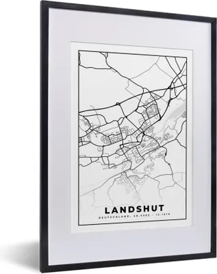 Produktbild von MuchoWow® Gerahmtes Poster Karte - Landshut - Karte - Stadtplan 30x40 cm - Poster mit Schwarzem Bilderrahmen Wandposter Rahmen Foto Bilder - Wandposter Schlafzimmer