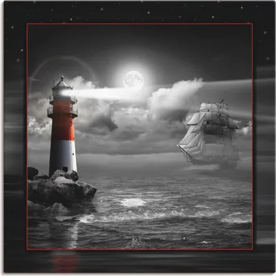 Produktbild von ARTland Leinwandbild Leuchtturm und Segelschiff im Mondschein Größe: 70x70 cm