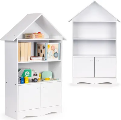 Obrázok produktu pre ECOTOYS FBC002-1 Detská knižnica v tvare domčeka so skrinkou 74 × 28,5 × 115,5 cm, biela