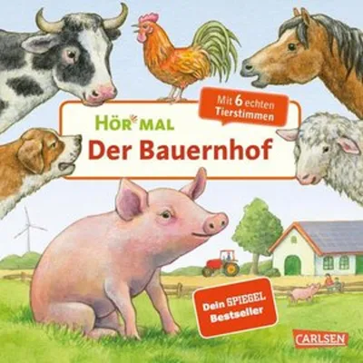 A colorful illustration of farm animals on a grassy field with a barn and a tractor.