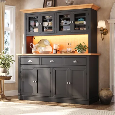 Immagine prodotto di Armadio moderno alto con illuminazione RGB a LED, porta in vetro e ripiani regolabili, mobile contenitore con maniglie in metallo, mobiletto portaoggetti, colore nero