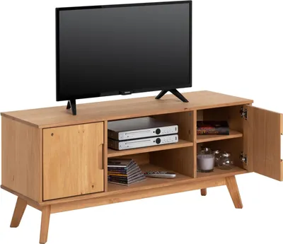Produktbild von TV Lowboard TIVOLI 115cm, Eiche Finish - Kiefer Massivholz, schmaler Fernsehtisch mit Stauraum und offenem Fach, modernes skandi Design