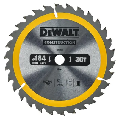 Produktbild von Dewalt Construction Bau-Kreissägeblatt für Handkreissägen DT1940 (184/16, 30WZ,