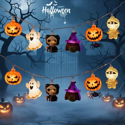 Halloween-Lichterkette 3 m, 20 LEDs, Kürbis & Geist, batteriebetrieben