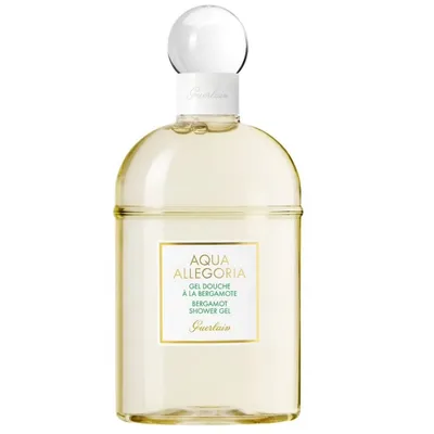 A clear, front-facing studio shot of a bottle of Guerlain Aqua Allegoria Bergamote Calabria shower gel against a white background.