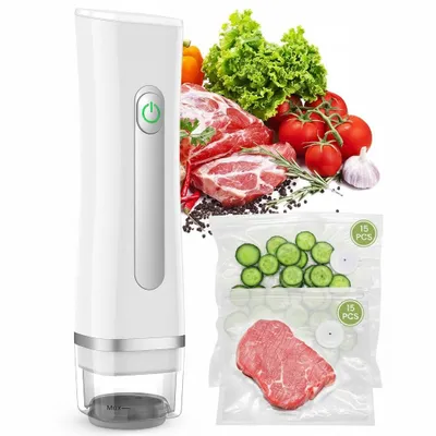 Produktbild von Handheld Vakuumiergerät für Lebensmittel, mit transparentem Wassertank, 30 wiederverwendbare Vakuumbeutel, 6-fache Frischhaltewirkung wireless, weiß