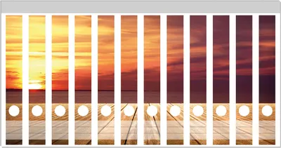 Produktbild von Wallario Ordnerrücken Sticker, selbstklebend für schmale Ordner, 12 Stück, Motiv Steg am See - Sonnenuntergang und roter Himmel