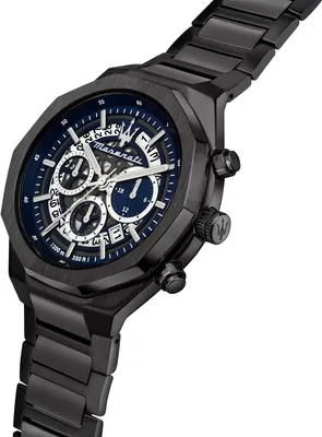 A close-up, angled view of a black Maserati chronograph watch against a white background.