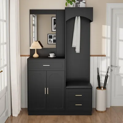Image de Fortuna Lai Vestiaire compact avec miroir - Combinaison multifonctionnelle de vestiaire et d'armoire à chaussures, étagère d'entrée avec espace de rangement pour l'entrée et le couloir