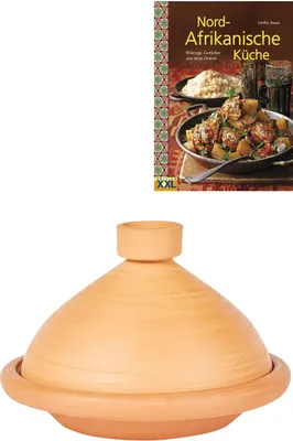 Produktbild von Marokkanische Tajine Topf zum Kochen + Kochbuch | Schmortopf Unglasiert Tuareg Ø 31cm für 3-5 Personen | inklusive Rezepte Buch Nord Afrikanische Küche | ORIGINAL Tontopf handgetöpfert aus Marokko